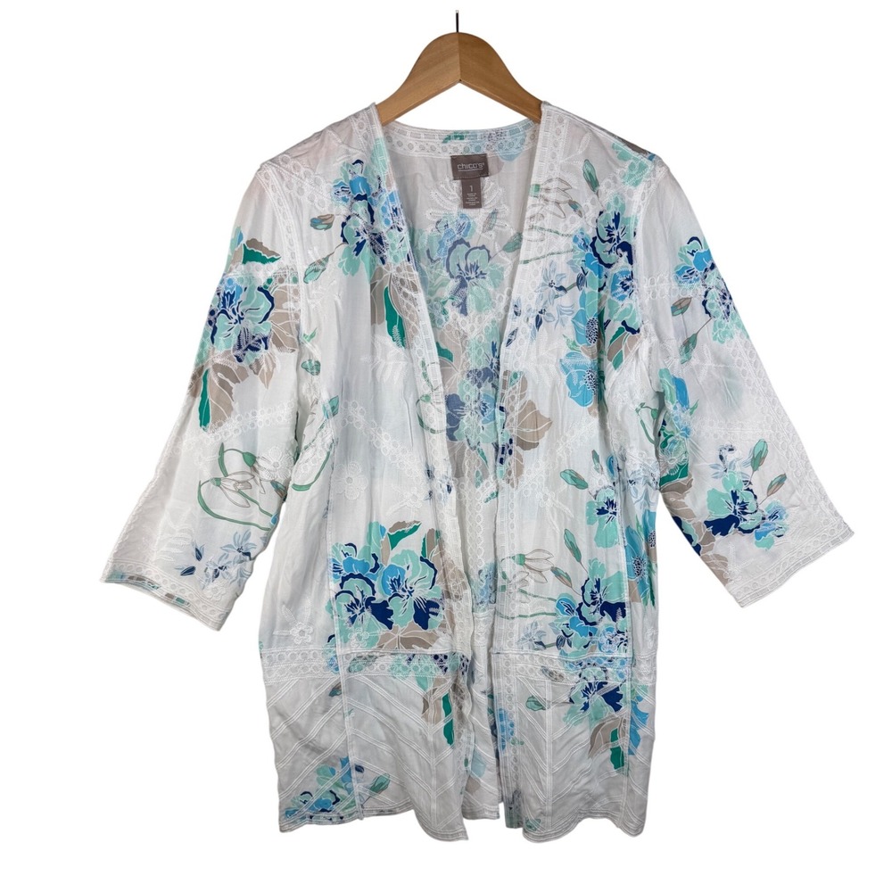 Chico's Floral Print Embroidered Detail Open Cardigan size 1 (Medium) White/Blue